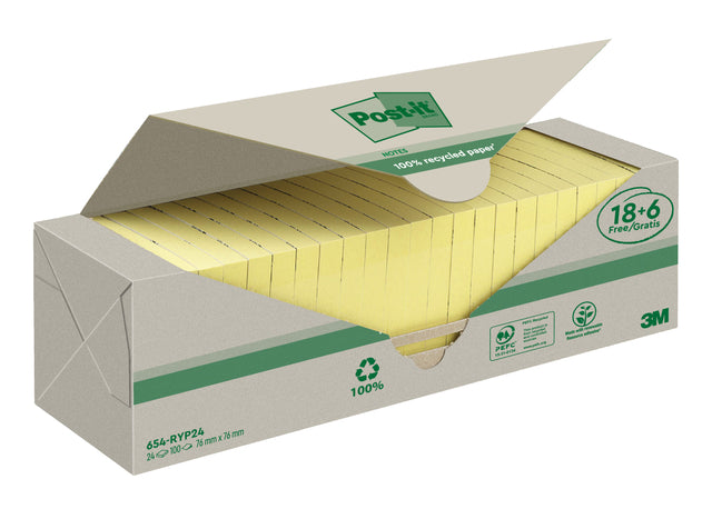 Post-it - Notizblock 3m 654 76x76mm Recycling Gelb 18+6 | 6 Stück