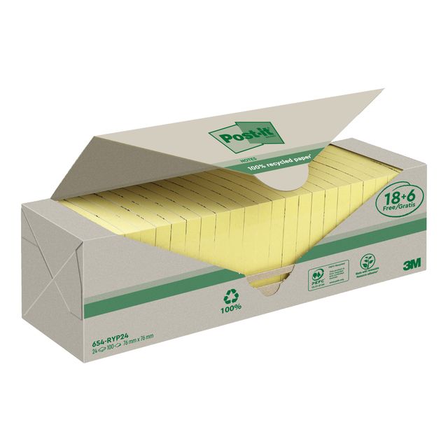 Post-it - Memoblok 3m 654 76x76mm recycle geel 18+6 | 6 stuks