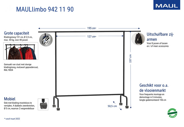 MAUL - Wardrobe rack Limbo 156x127 (up to 220)x50cm mobile (side arms)