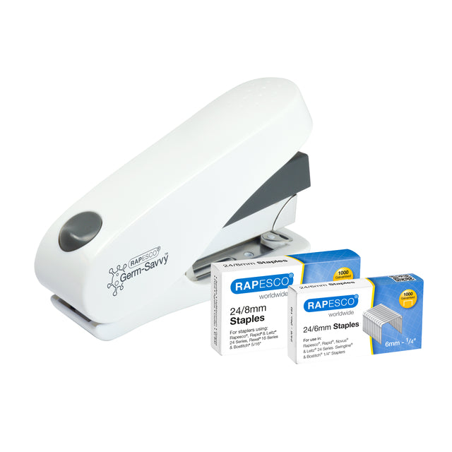 Rapesco - Grapadora Germ-Savvy Less Effort Eco Luna antibacteriana blanca | 6 piezas