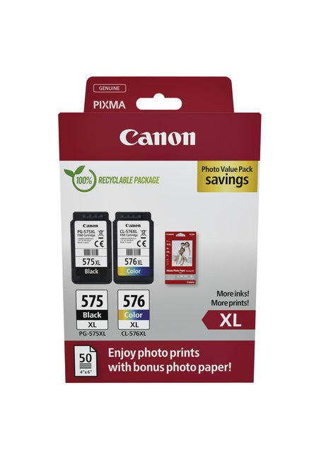 Canon - Cartucho de tinta PG-575XL CL-576XL negro + blanco + papel
