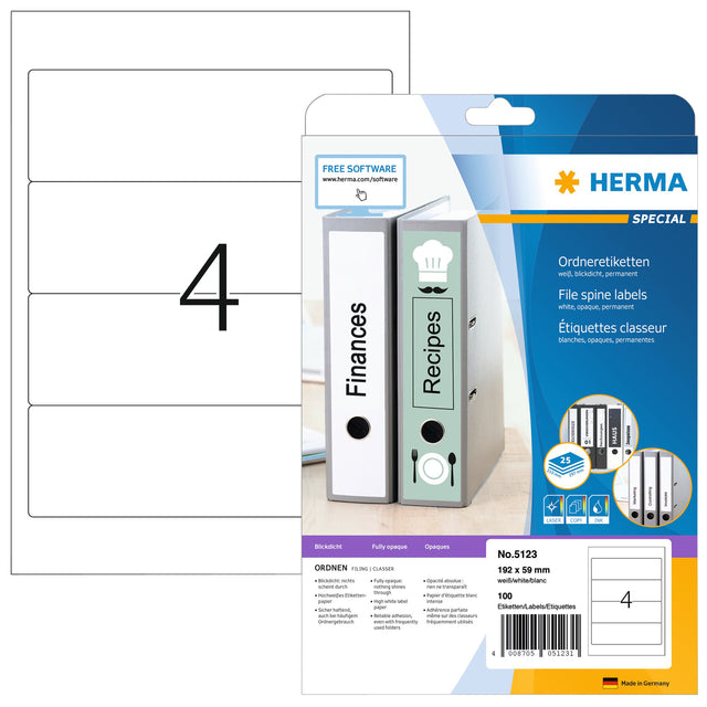 HERMA - Back label 5123 192x59mm self-adhesive white 100 labels