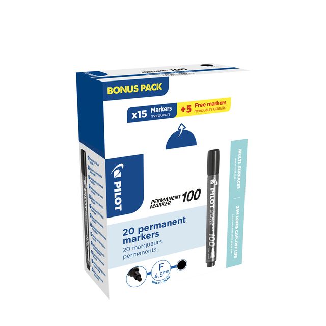 Pilot - Rotulador 100 redondo fino negro caja de 15+5 gratis