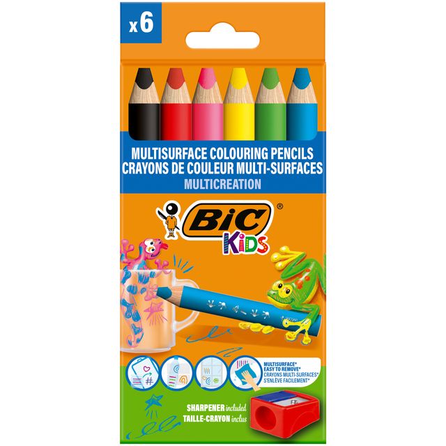 Bic Kids - Crayons de couleur Kids Multi Surface + taille-crayon assorti 6 pièces