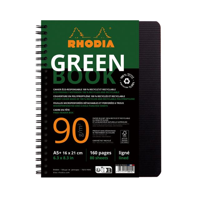 Rhodia - Carnet Greenbook A5 ligne 6 trous 180 pages 90gr noir