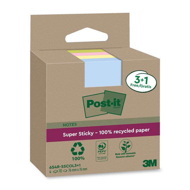 Post-it - Notizblock 3m 654 RSScol 76x76mm sort. Klasse 3+1 | 8 Stück