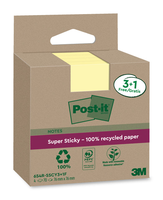 Post-it - Notizblock 3m 654 RSScol 76x76mm gelb 3+1 | 8 Stück