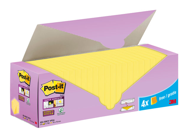 Post-it – Notizblock 654-SSCY Super Sticky, 76 x 76 mm, gelbe Vorteilspackung
