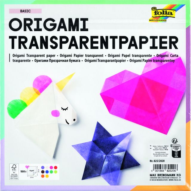 Folia Paper - Origami papier Folia 20x20cm transparant 42gr 500 vel in 10 kleuren