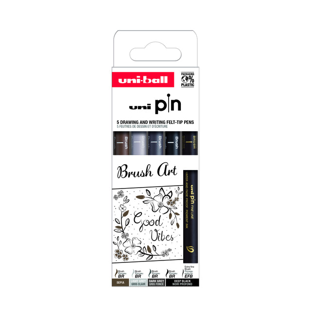Uni-ball - Fineliner Pin Brush Art lot de 5 pièces assorties