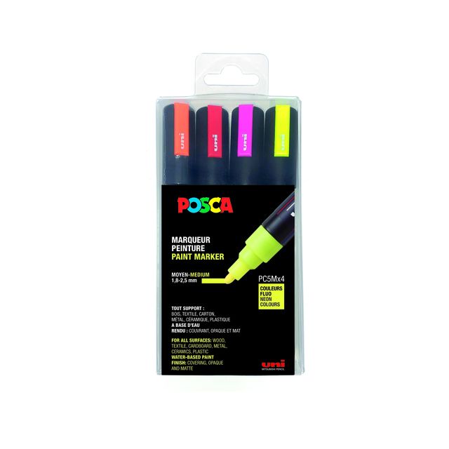 Posca - Marqueur peinture Uni PC-5M, 1,8 2,5 mm, étui de 4 pièces aux couleurs fluo