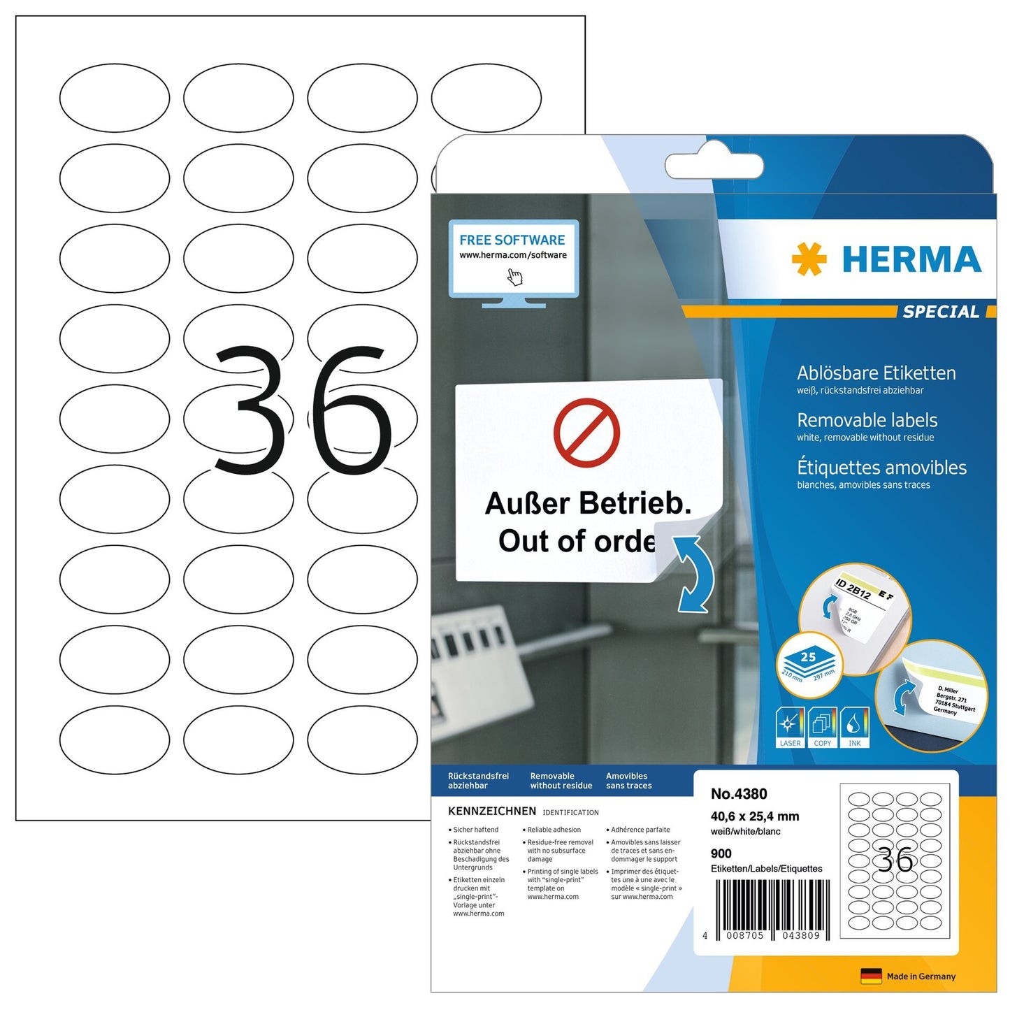 HERMA - Label 4380 oval 40.6x25.4mm white 900pcs