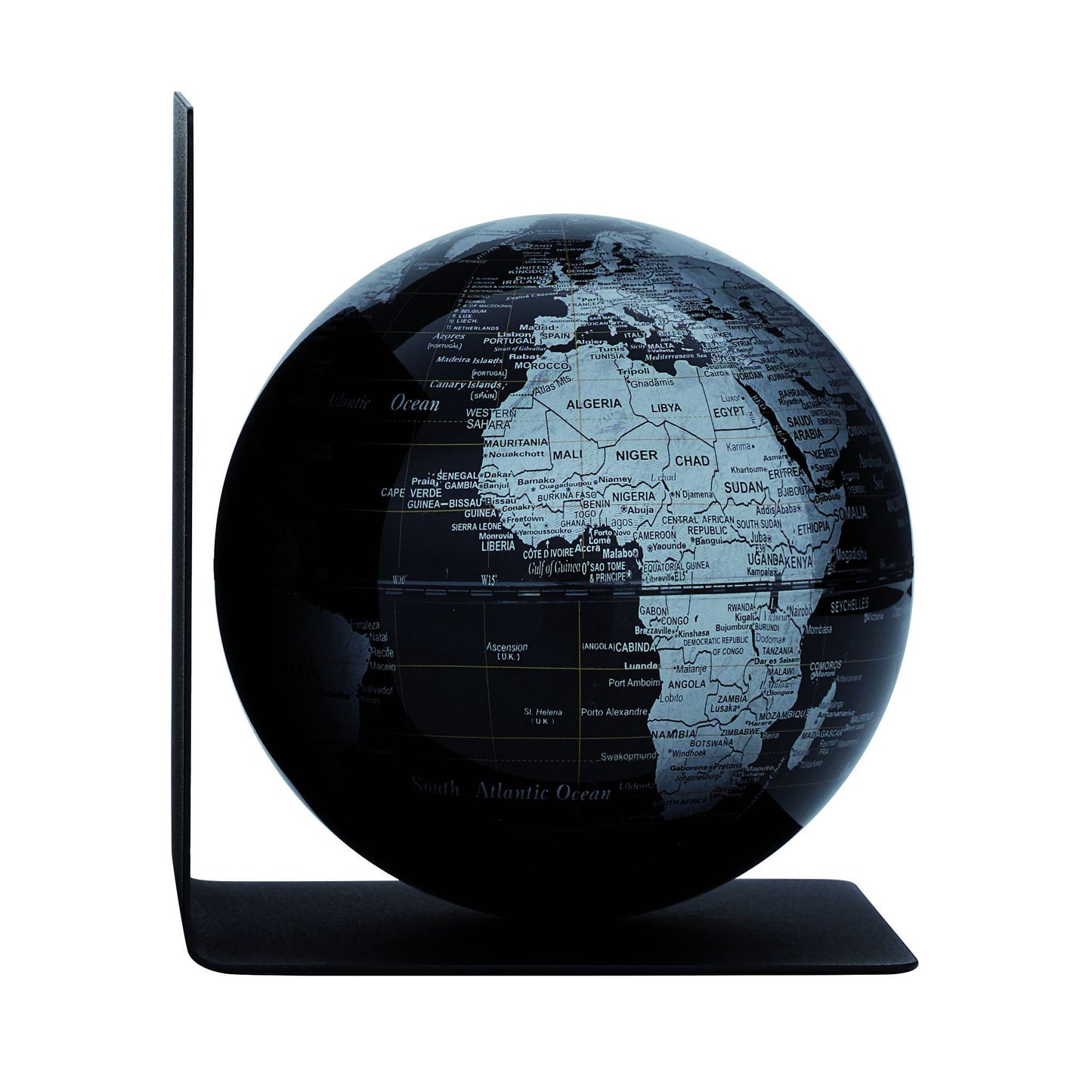 Troika - Boekensteun met magn globe 13cm zw-zilver