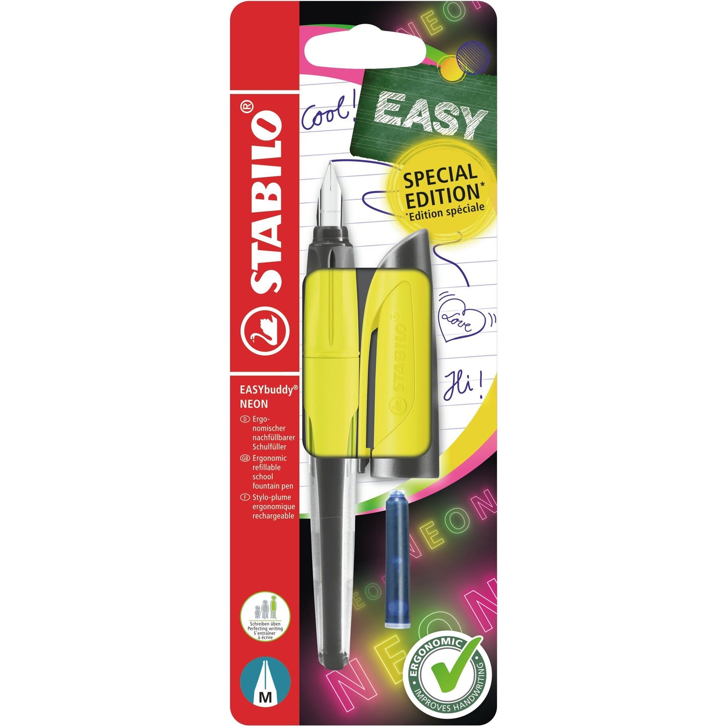 Stabilo - Vulpen easybuddy m neon geel blister à 1st | 5 stuks