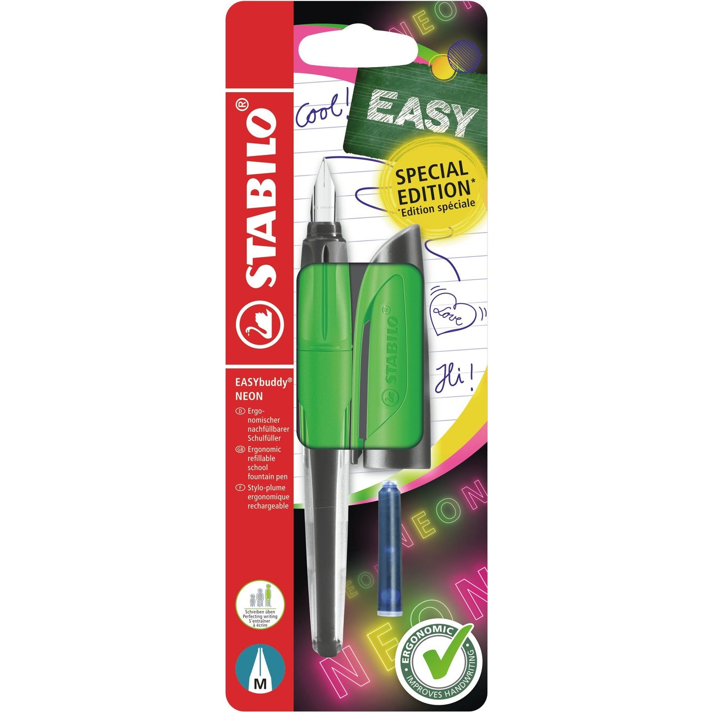 Stabilo - Vulpen easybuddy m neon groen blister à 1x | 5 stuks
