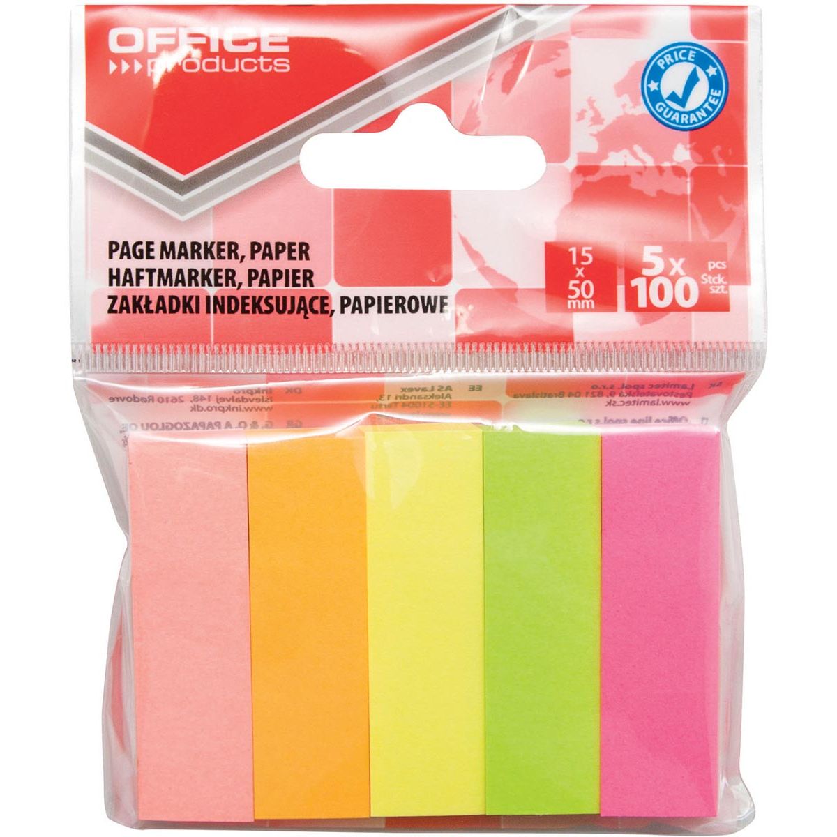 OFFICE products - index, 15 x 50 mm, ophangzakje van 5 x 100 tabs, geassorteerde kleuren