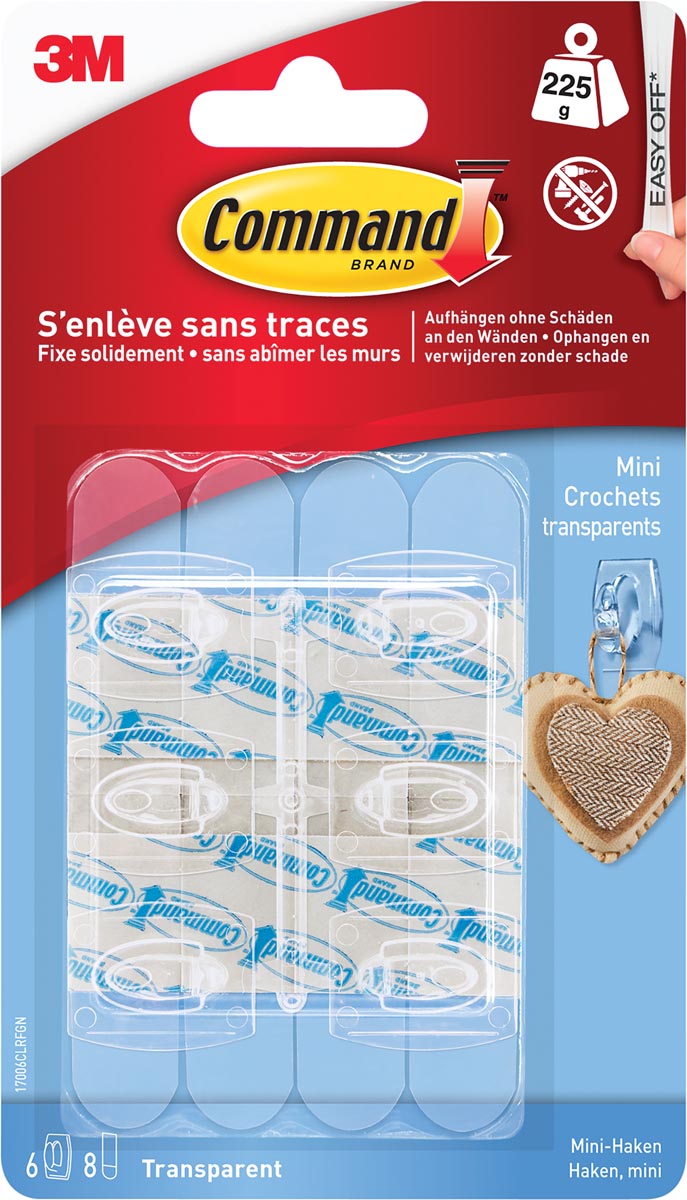 Command - decohaak, small, draagvermogen 225 gram, transparant, blister van 6 stuks