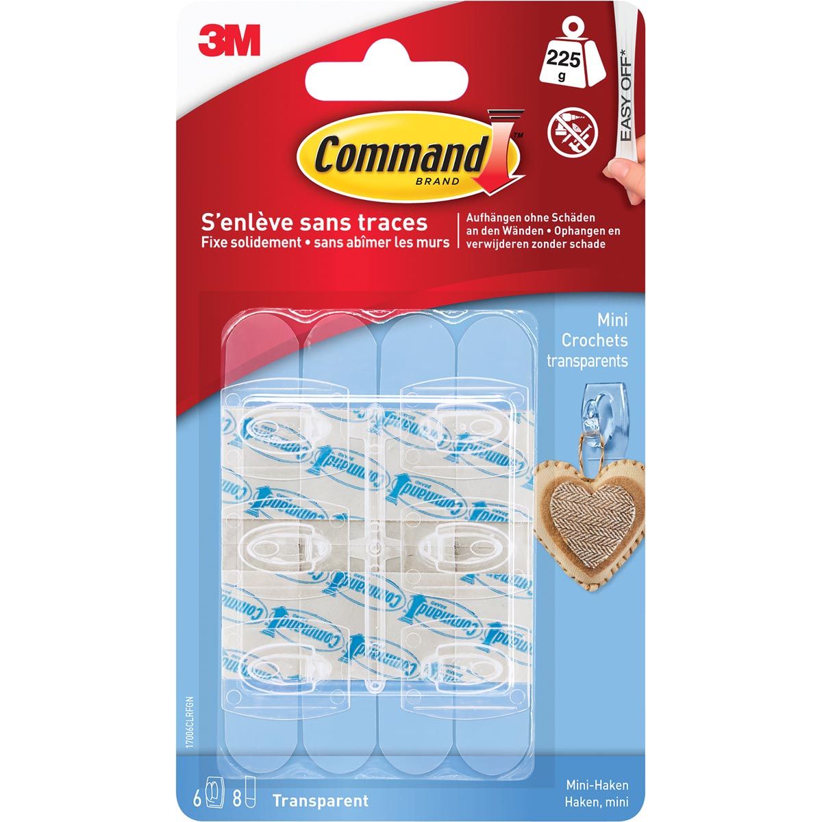 Command - decohaak, small, draagvermogen 225 gram, transparant, blister van 6 stuks