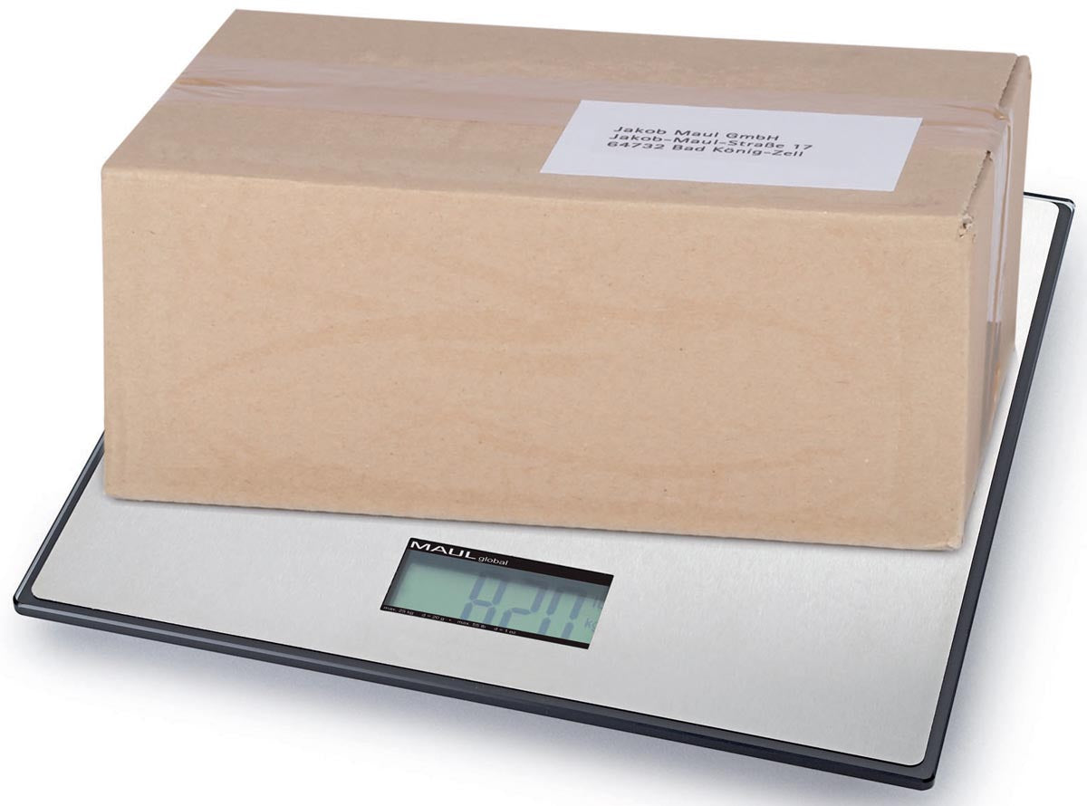Maul - Paketwaage Global 25kg (/20gr) inkl. Batterie. Wiegeplattform 32 x 32 cm, wiegt kg und lb