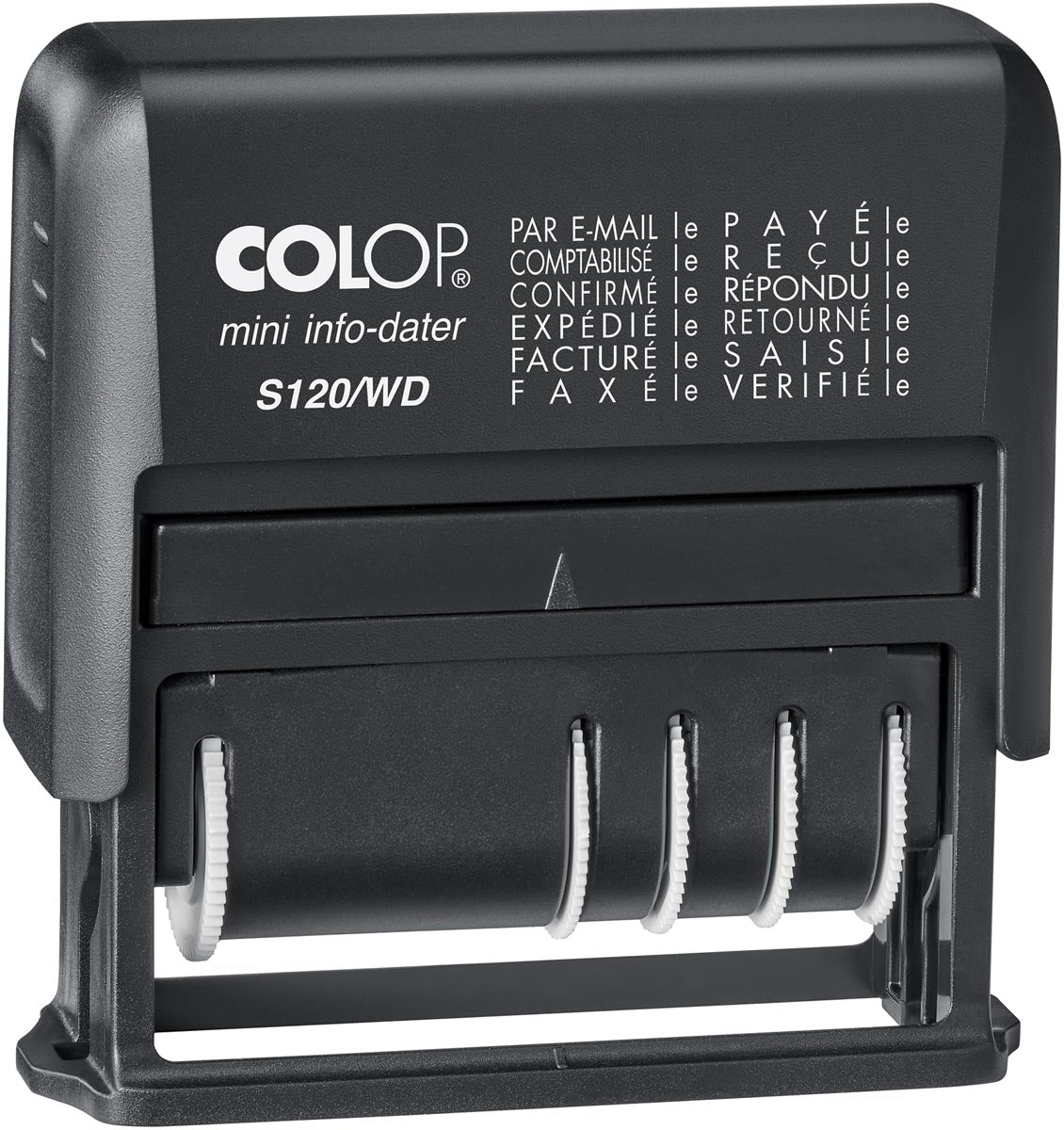 Colop - tekststempel Mini-Info Dater S 120/WD, met datum en 12 verschillende woorden, frans