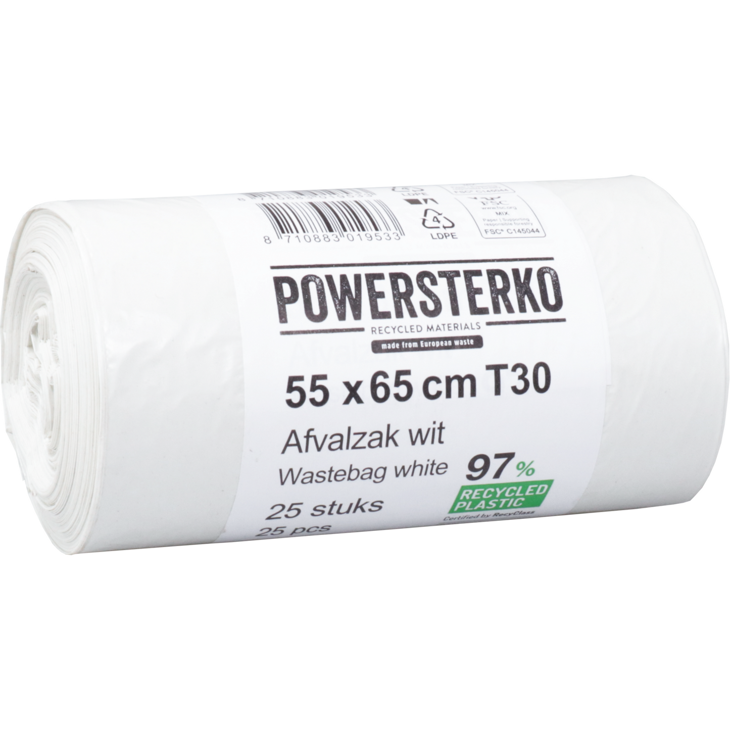 PowerSterko - Sacco per rifiuti | LDPE riciclato | 55x65 cm| T30| bianco | 500 pezzi