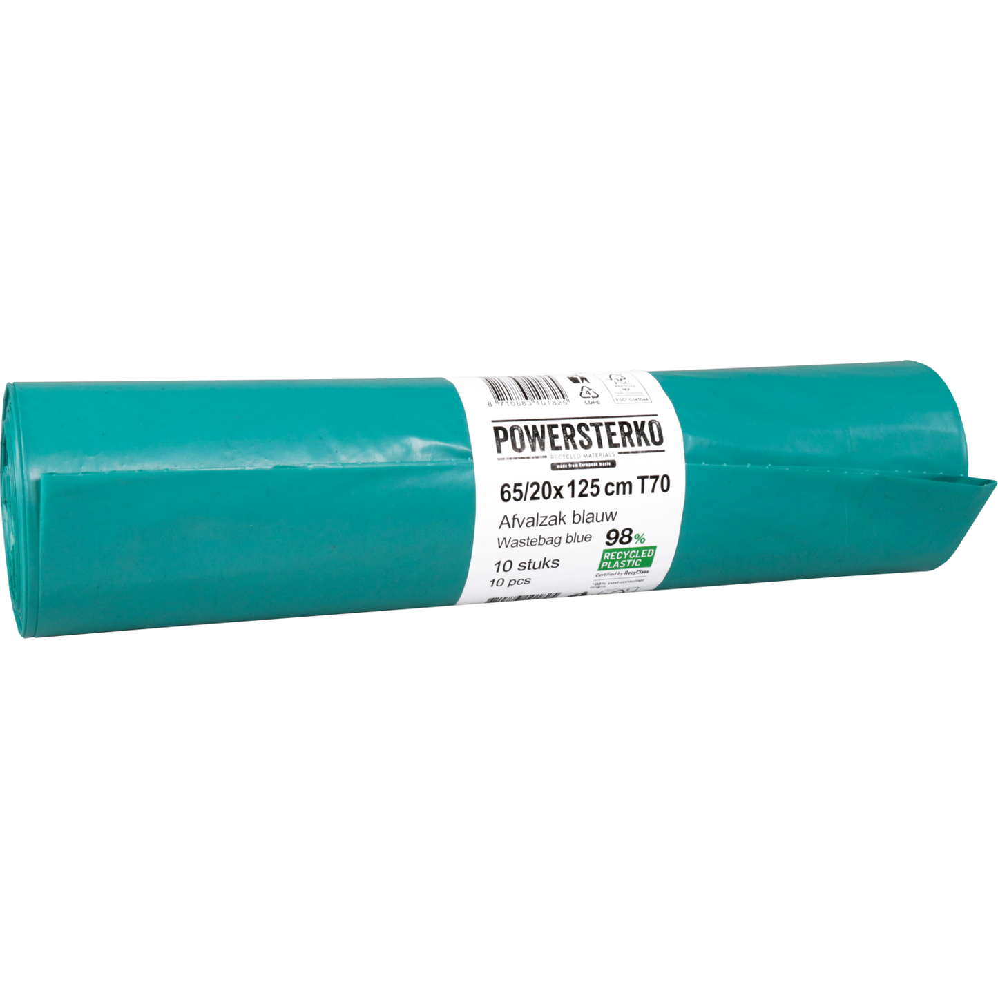 PowerSterko - Sacco per rifiuti | LDPE riciclato | 65/20x125 cm | T70| blu | 100 pezzi