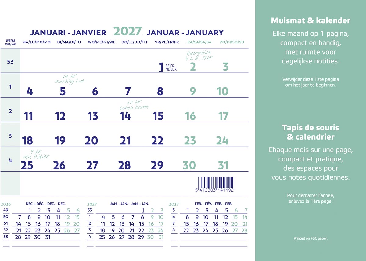 Brepols - calendario con tappetino per mouse, ft 23X18 cm, francese-olandese, 2026