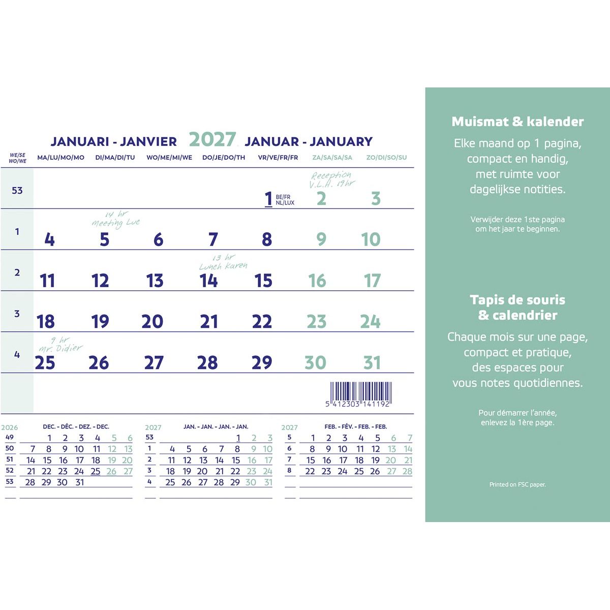 Brepols - calendrier tapis de souris, ft 23X18 cm, néerlandais-français, 2026