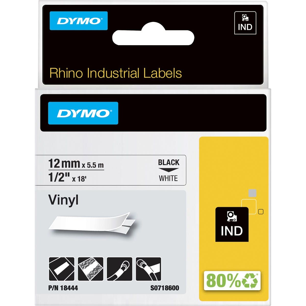 Dymo - Labele Rhino industrial vinyl 12mm black on white