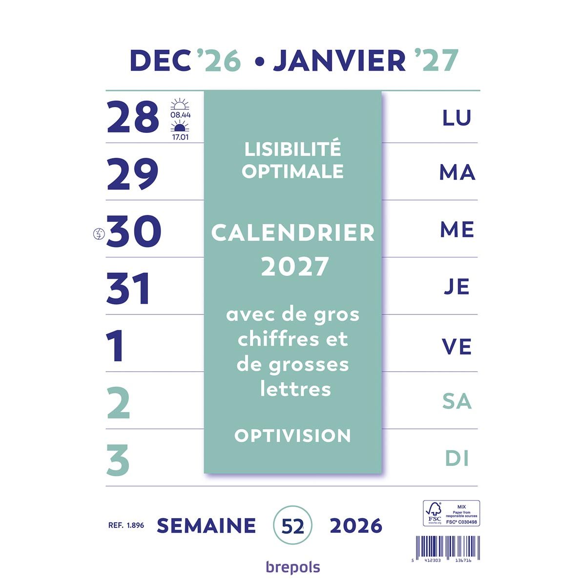 Brepols - Optivision Wall Calendario semanal, francés, 2026