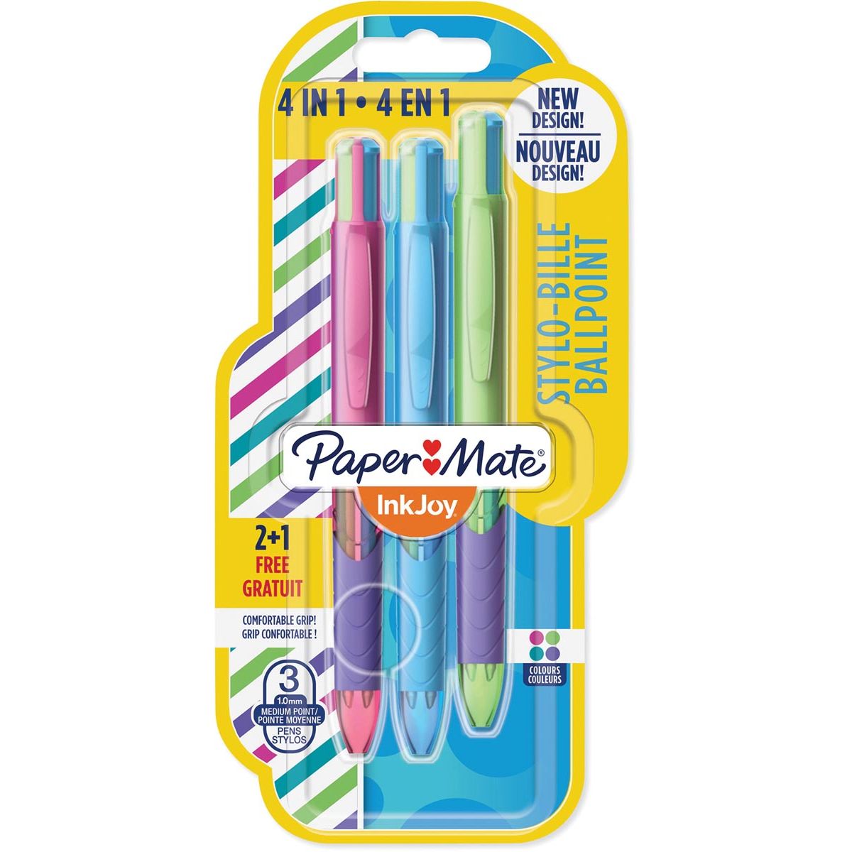 Paper Mate - Inkjoy Quatro Joie de Vivre 4-kleurenbalpen, medium, klassieke inktkleuren, blister 2 + 1 grat