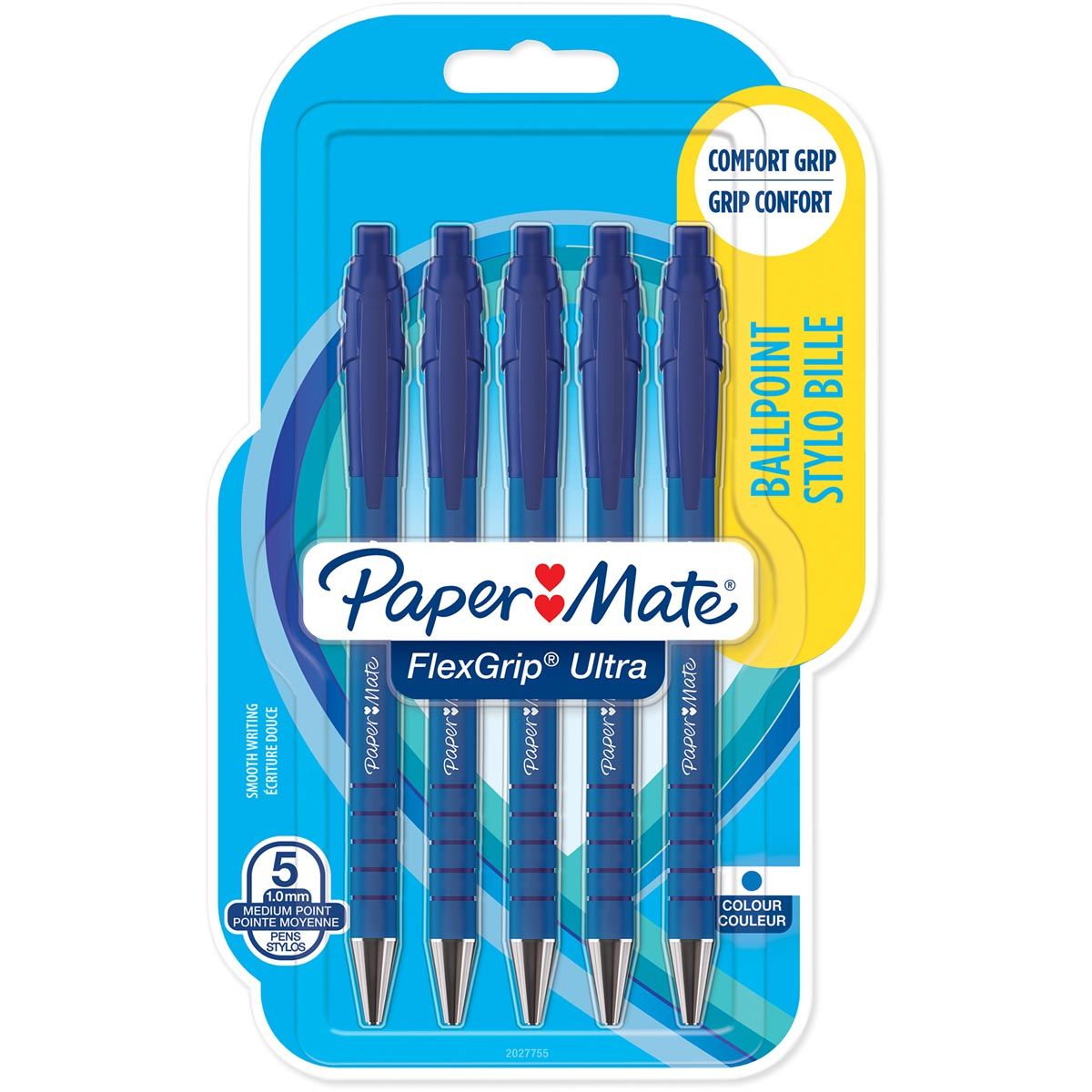 Paper Mate - balpen Flexgrip Ultra RT medium, blister van 5 stuks, blauw