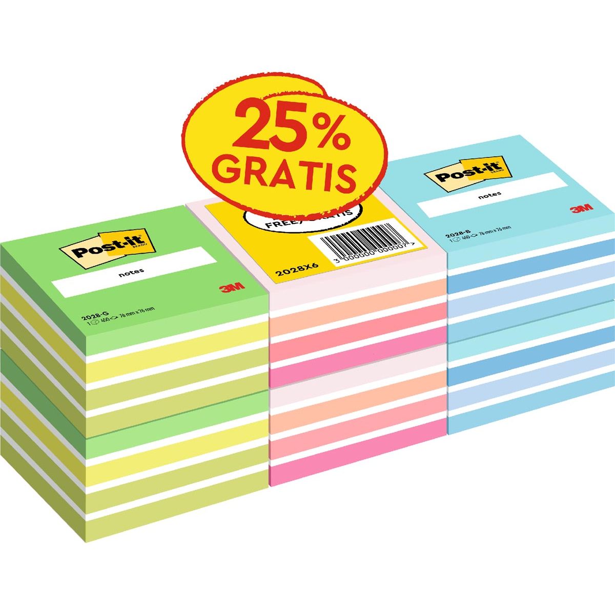 Post-it - Notes kubus, 450 vel, ft 76 x 76 mm, promopak van 6 kubussen in geassorteerde kleuren