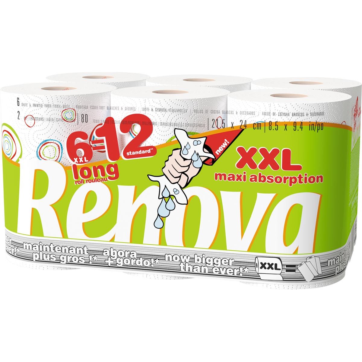 Renova - papel de cocina Maxi Absorción XXL, 2 capas, 80 hojas por rollo, paquete de 6 rollos