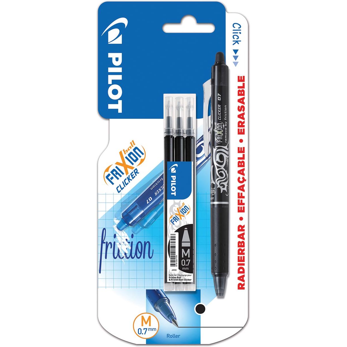 Pilot - rouleau gel Frixion Ball Clicker, blister de 4 pièces (1 rouleau gel + 3 recharges), noir
