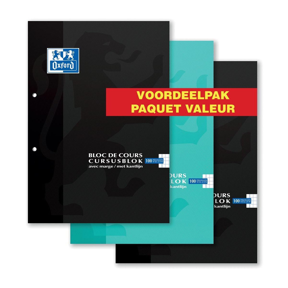 Oxford – Kursblock, Vorteilspackung mit 3 Stück, verschiedene Farben, ft A4, 100 Blatt, kariert 5 mm