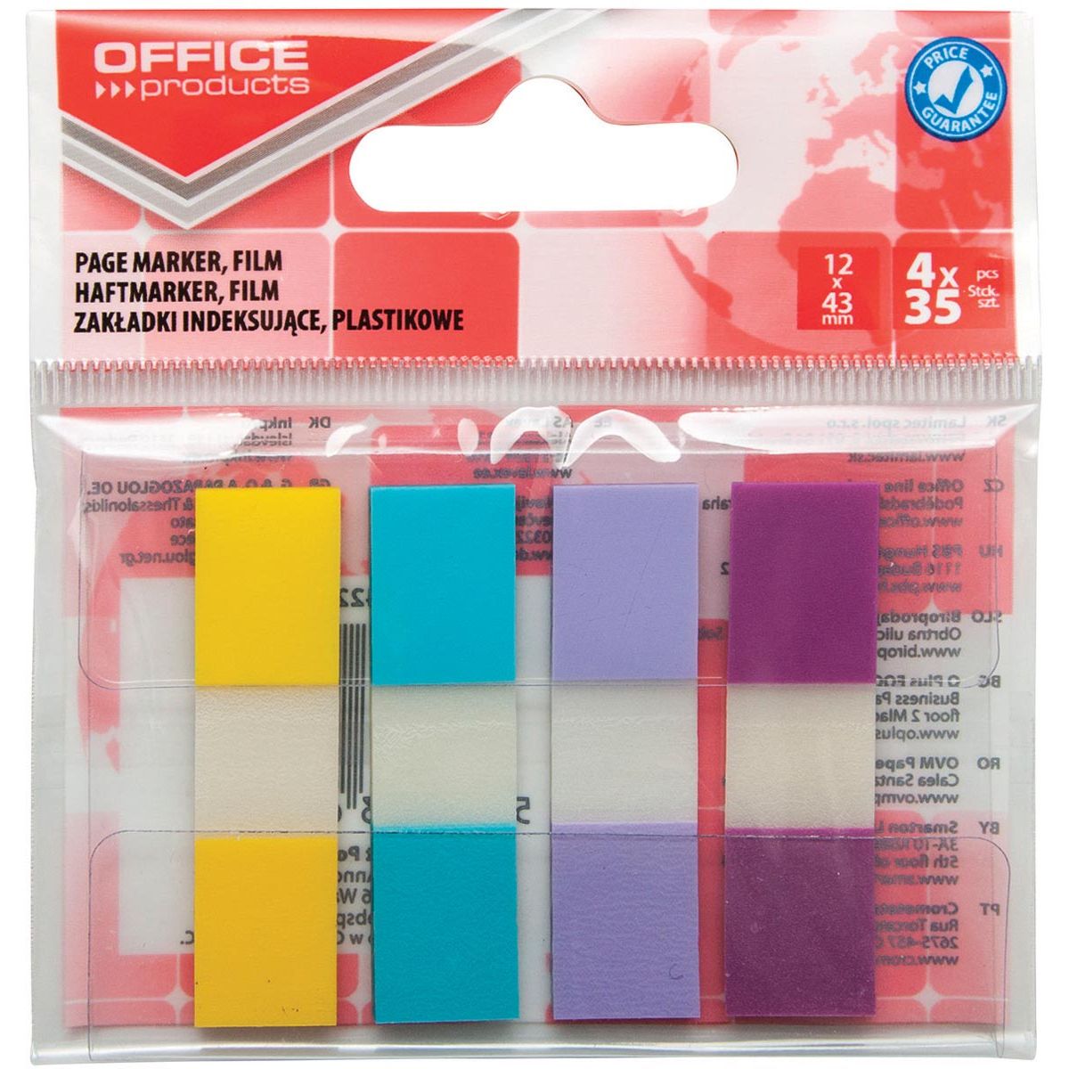 OFFICE products - index, 12 x 43 mm, geassorteerde pastelkleuren, ophangzakje van 4 x 35 tabs