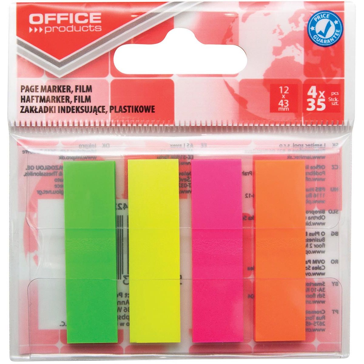 OFFICE products - index, ft 12 x 43 mm, geassorteerde neonkleuren, ophangzakje van 4 x 35 tabs