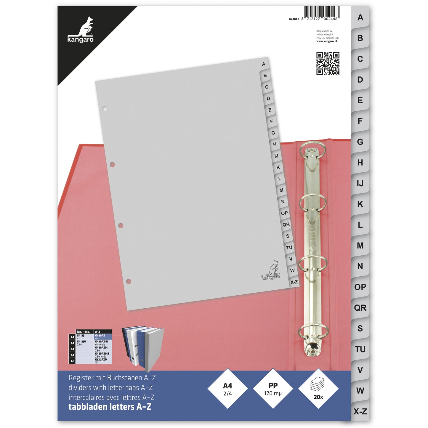 Kangaro - Tabs 4 fori G420AZ 20 pezzi alfabeto grigio PP | 25 pezzi