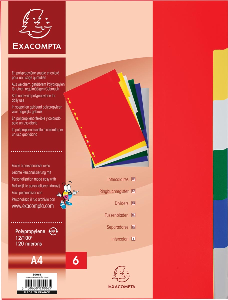 Exacompta - Registerblätter für ft A4, aus PP 12/100e, 6 Registerblätter, farblich sortiert