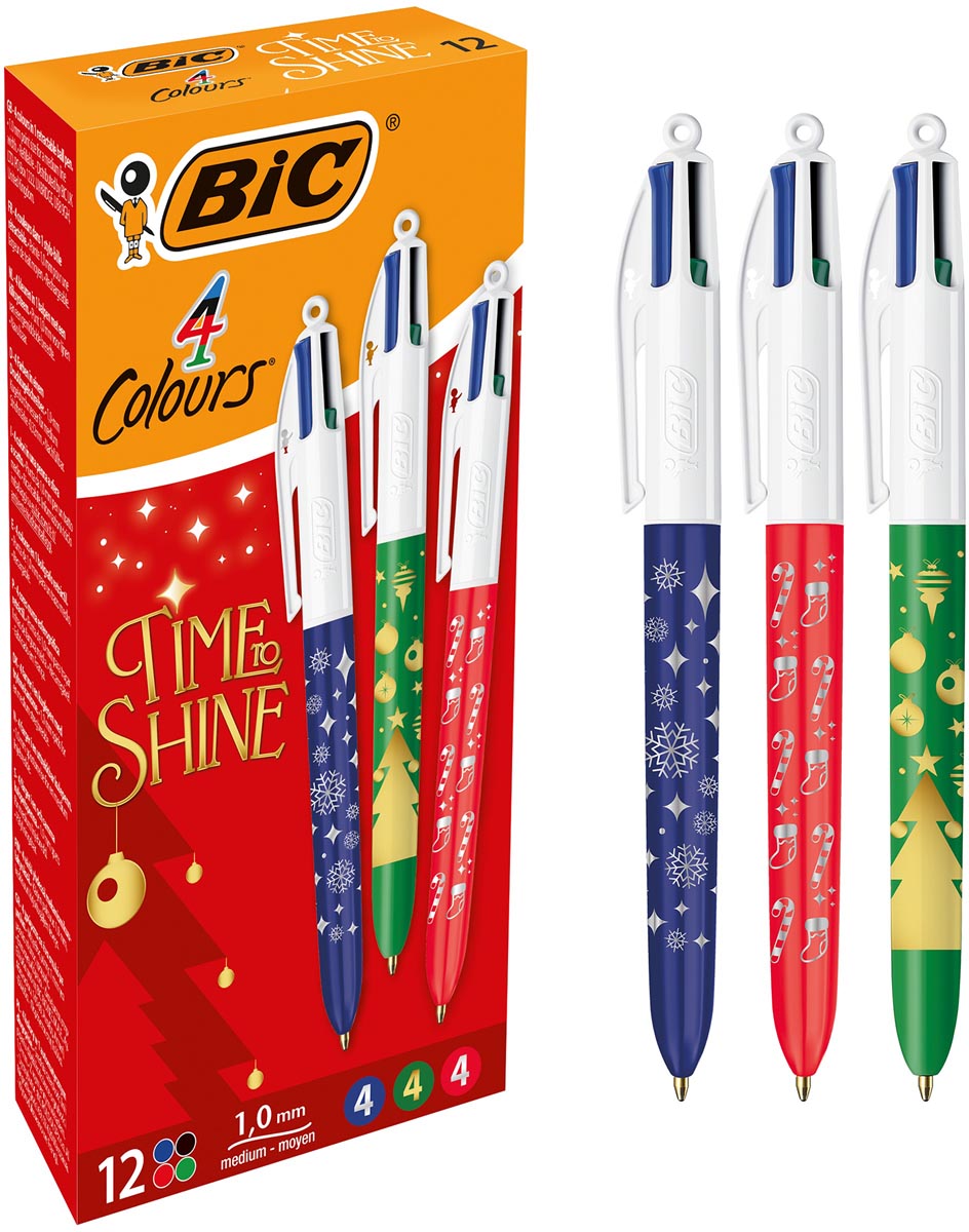 BIC - 4-kleurenbalpen Time to Shine, geassorteerde kleuren, doos van 12 stuks