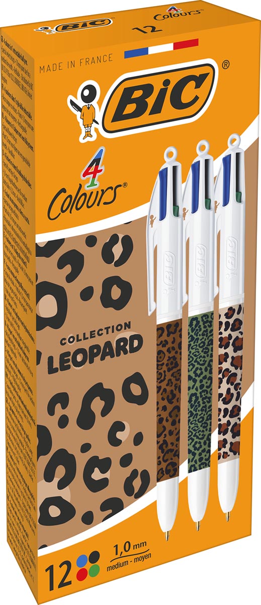 BIC - 4-kleurenbalpen Leopard, doos van 12 stuks, assorti