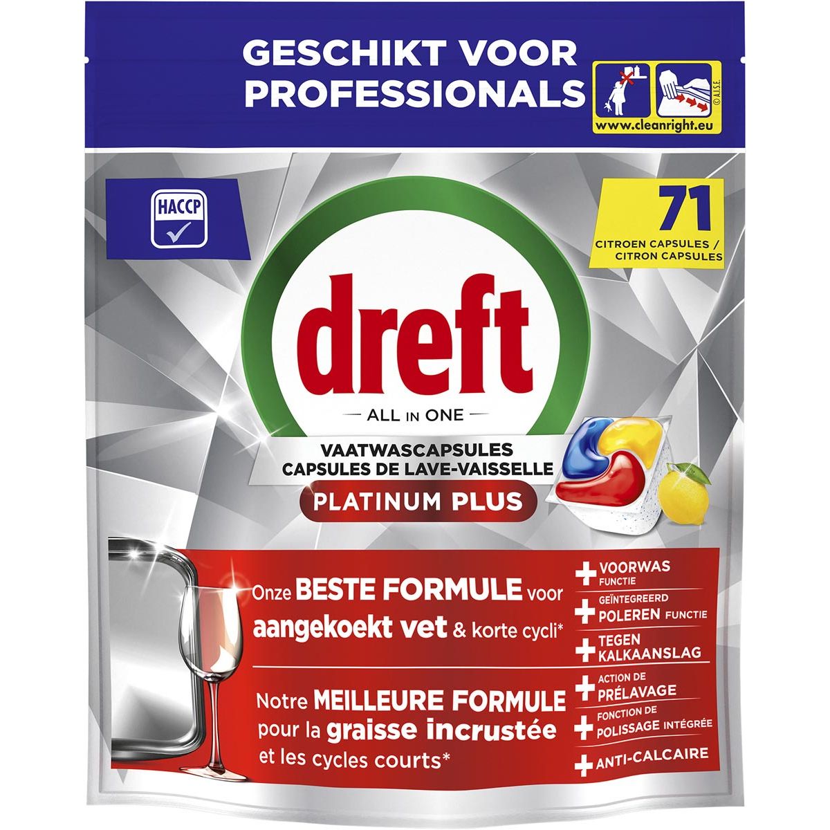 Dreft - Pro Platinum Plus vaatwastabletten, Lemon, pak van 71 capsules