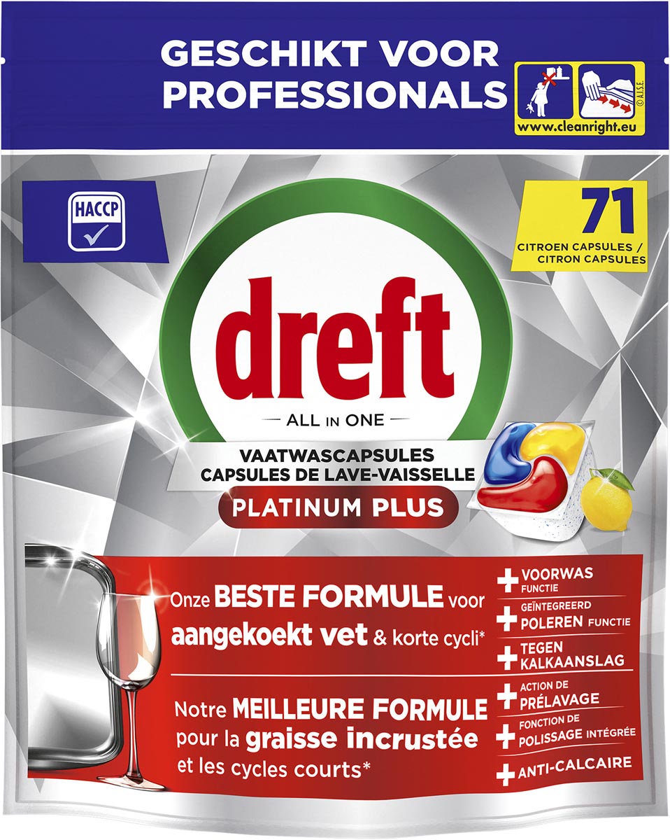 Dreft - Pro Platinum Plus vaatwastabletten, Lemon, pak van 71 capsules