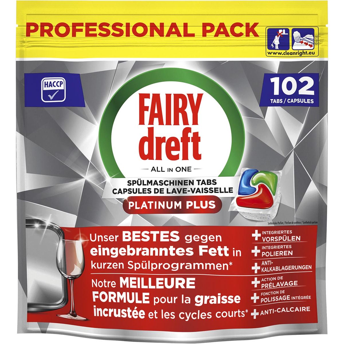 Dreft - Pro Platinum Plus vaatwastabletten, Regular, pak van 102 capsules