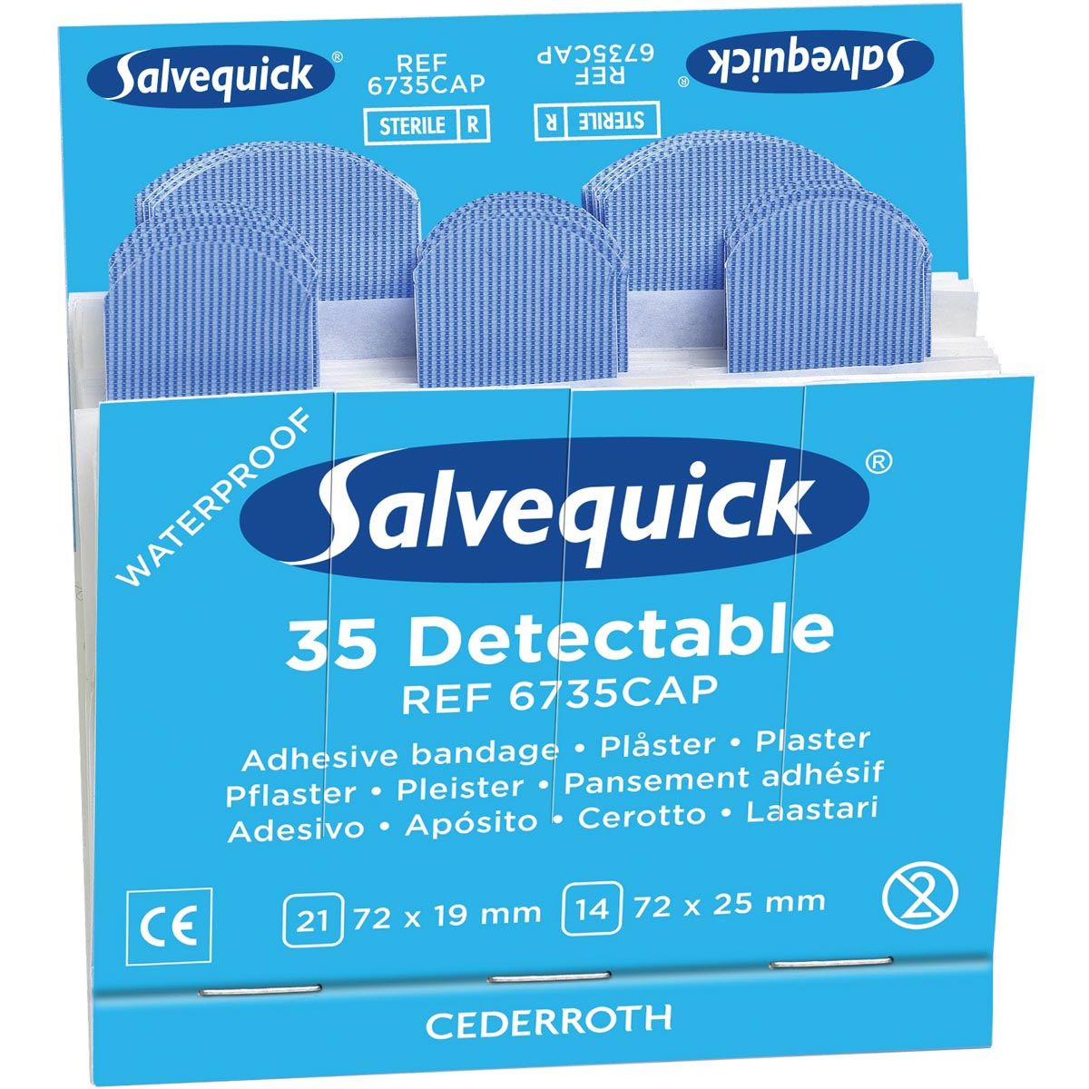 Salvequick - refill for plaster dispenser, 35 blue plasters per refill, pack of 6 refills