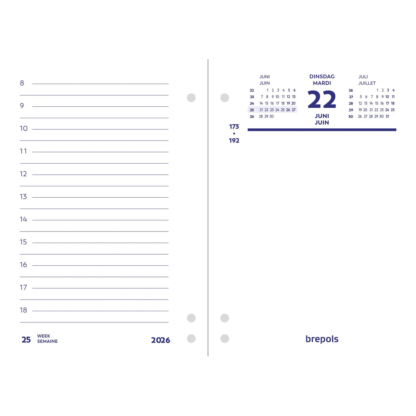 Brepols - Bloc de dérivation 2026 1 jour/2 pages perforation universelle