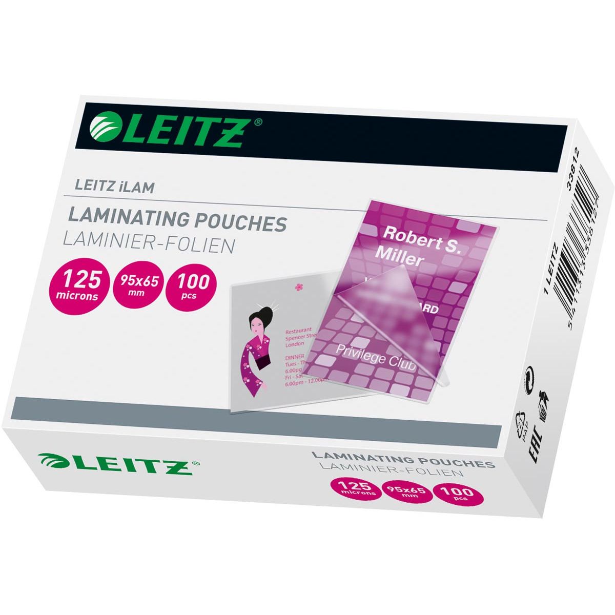 Leitz - Eva lamineerhoes ft 65 x 95 mm, 250 micron (2 x 125 micron), pak van 100 stuks