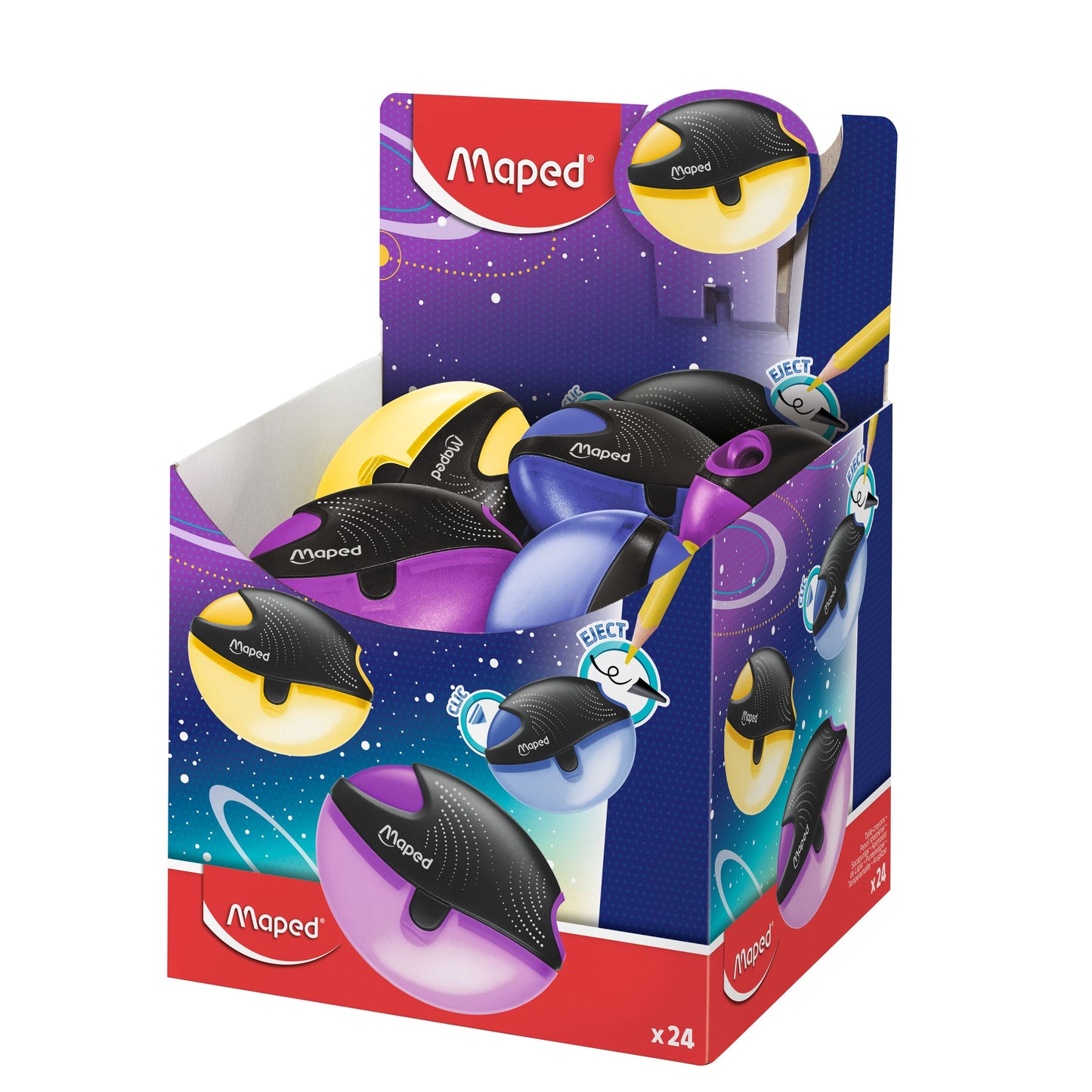 Maped - Pencil sharpener Galactic 1 hole display of 24 pieces assorted