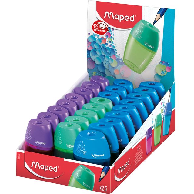 Maped - Sacapuntas Shaker expositor de 1 orificio de 25 piezas surtidas